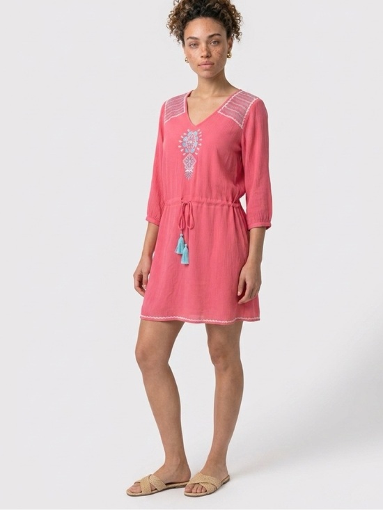 THML Dresses & Skirts - NWOT THML Embroidered Boho 3/4 sleeve Dress with Tassel Tie at Waist in Coral S